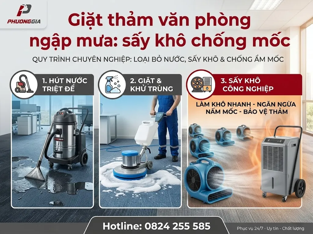 Cách giặt thảm văn phòng bị ngập nước mưa: Quy trình sấy khô chống ẩm mốc