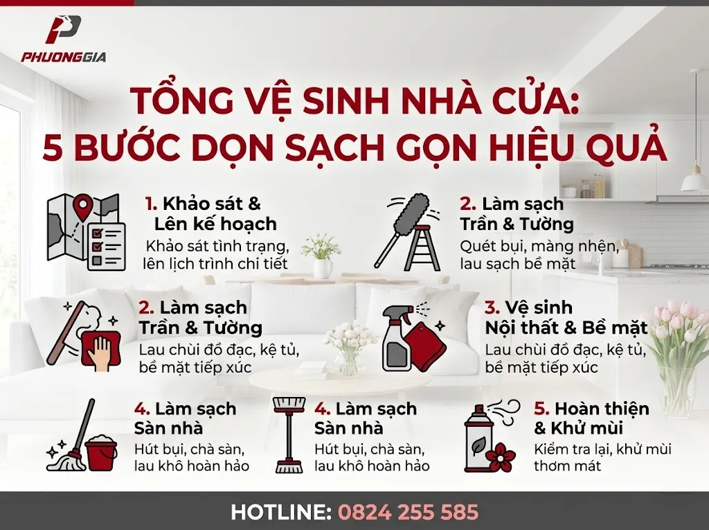 Tổng vệ sinh nhà cửa theo từng khu để dễ kiểm soát công việc