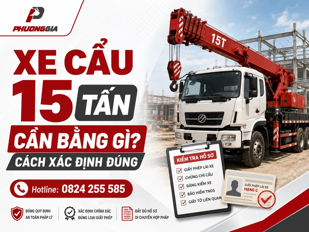 Xe cẩu 15 tấn làm việc tại công trường và tài xế kiểm tra hồ sơ